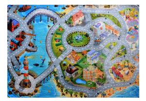 Vopi | Dětský koberec Ultra Soft Město s pláží - 70 x 95 cm, zelenomodrý (88011)