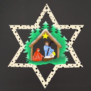 AMADEA Dřevěná ozdoba barevná hvězda s betlémem 9 cm, český výrobek