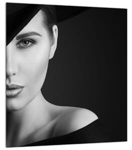 Obraz - Černobílý portrét ženy v klobouku (30x30 cm)
