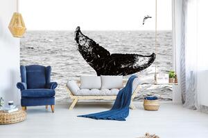 DIMEX | Vliesová fototapeta Velryba v moři MS-5-0517 | 375 x 250 cm| bílá, černá