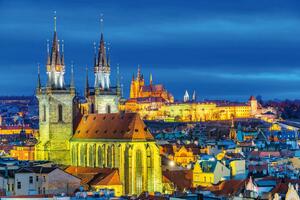 DIMEX | Vliesová fototapeta Praha, noční pohled MS-5-1002 | 375 x 250 cm| modrá, žlutá, hnědá