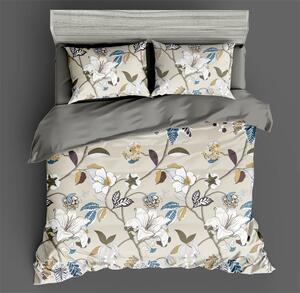 Bavlissimo 7-dílné povlečení bavlněné s bílými květy a barevnými listy v krémovém podkladu 140x200 na dvě postele