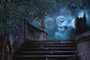 DIMEX | Vliesová fototapeta Kamenná schodiště v noci MS-5-1271 | 375 x 250 cm| modrá, černá, hnědá