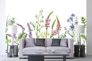 DIMEX | Vliesová fototapeta Divoké květiny MS-5-1301 | 375 x 250 cm| zelená, bílá, fialová, růžová