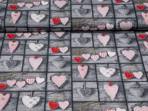 Bavlněná látka/plátno Sandra SA-272 Červená srdce na šedém patchworku - šířka 160 cm