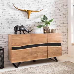FineBuy Píborník z akáciového masivu 150 cm se 3 dvíky- Masivní retro komoda s hranou ze stromu - Designový pírodní píborník - Runí výroba Industrial
