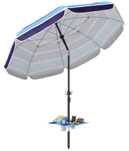 Plážový slunečník Outsunny Ø198 cm s ochranou UV30+, se skládacím stolkem a držáky na nápoje, nastavitelný náklon, balkonní/cestovní slunečník s přepr