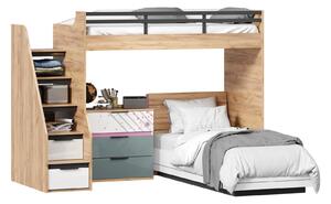 Dětská patrová postel Trendy 90x200cm s komodou - dub zlatý/bílá/šedomodrá/růžová