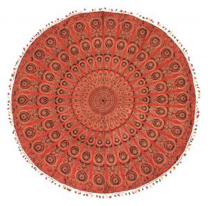 Bavlněný kulatý přehoz/ubrus s mandalou, červený, 180cm (9K)