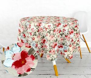 Ervi bavlněný ubrus na stůl kulatý - květiny na béžovém