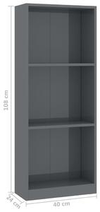 Knihovna Anabel - 3 police - šedá s vysokým leskem | 40x24x108 cm