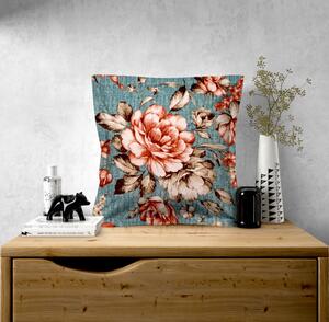 Ervi povlak na polštář bavlněný s lemem - květy na tyrkysovém
