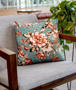 Ervi povlak na polštář bavlněný - květy na tyrkysovém
