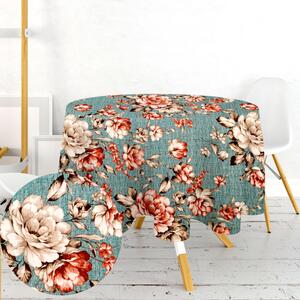 Ervi bavlněný ubrus na stůl kulatý - květy na tyrkysovém