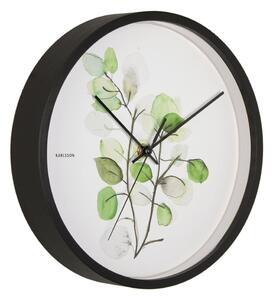 Zeleno-bílé nástěnné hodiny v černém rámu Karlsson Eucalyptus, ø 26 cm