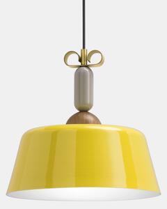 Il Fanale Bon Ton, žluté závěsné svítidlo s prvky dřeva a mosazi, 1x77W E27, prům. 40cm
