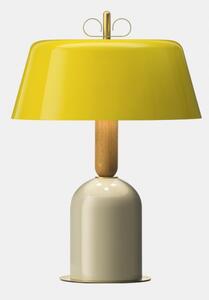 Il Fanale Bon Ton, stolní lampa z mosazi, dřeva, béžová základna, žluté stínítko, 3x30W E14, výška 56,9cm