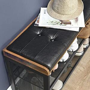 Industriální lavička s koženým designem, s prostorem pro boty, botník černá