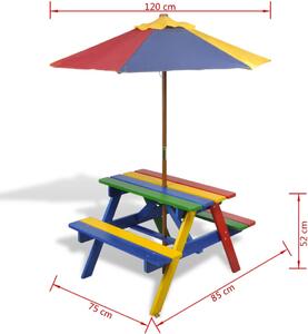 Dětský piknikový stůl - lavičky a slunečník | vícebarevný dřevo