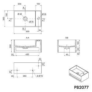 Nástěnné umyvadlo PB2077 - minerální odlitek - 50 x 30 x 20 cm - s držákem na ručníky - bílá matná