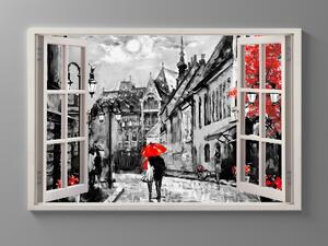 Liox Obraz okno olejomalba červený deštník Rozměr: 100 x 65 cm