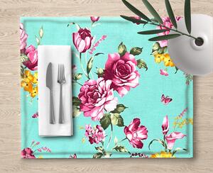 Ervi bavlněné prostírání na stůl - Růžové květy na tyrkysovém
