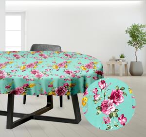Ervi bavlněný ubrus na stůl oválný - Růžové květy na tyrkysovém
