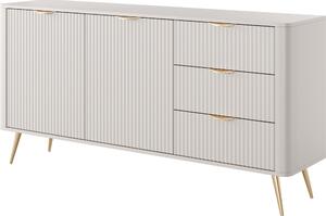 Komoda: 3 zásuvky, 2 dvířka, materiál: kašmír, zlaté nožky, rozměry: 163 cm (výška), 2 x 81 cm (šířka), 2 x 38 cm (hloubka)