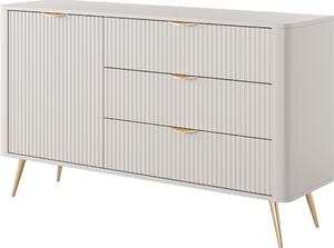 Komoda: 3 zásuvky, 1 dvířka, materiál: kašmír, zlaté nožky, rozměry: 138 cm (výška), 2 x 81 cm (šířka), 2 x 38 cm (hloubka)