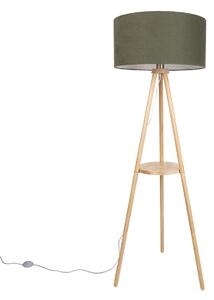 Dřevěná stojací lampa s trojnožkou a zeleným stínidlem 50 cm - Lou