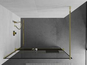 Mexen Kioto+, sprchová zástěna s poličkou a držákem na ručníky 130 x 200 cm, 8mm čiré sklo vzor černý rám, zlatý profil, 800-130-121-50-70