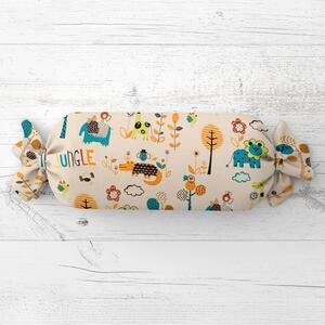 Biante Dětský polštář válec bonbon Sandra SA-008 Tyrkysová a oranžová zvířátka z džungle 15x40 cm