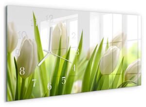 Skleněné hodiny horizontální Bílé tulipány zsppb-60x30-00295299