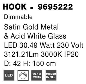 Nova Luce Závěsné svítidlo HOOK saténový zlatý kov a opálové bílé sklo LED 37W 3000K stmívatelné