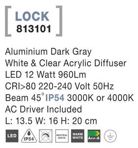 Nova Luce Venkovní nástěnné svítidlo LOCK, LED 12W 45st. IP54 3000K nebo 4000K