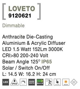 Nova Luce Venkovní nástěnné svítidlo LOVETO, LED 1.5W 3000K 3.7V, IP65 solární / vypínač na těle / pohybový senzor