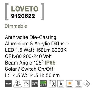 Nova Luce Venkovní sloupkové svítidlo LOVETO, LED 1.5W 3000K 3.7V, IP65 solární / vypínač na těle / pohybový senzor