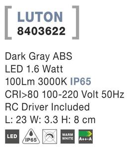 Nova Luce Venkovní nástěnné svítidlo LUTON tmavě šedý ABS LED 1.6W 3000K IP65, vč. driveru