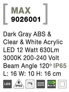 Nova Luce Venkovní nástěnné svítidlo MAX tmavě šedé, LED 12W 3000K, 120st. IP65