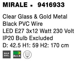 Nova Luce Závěsné svítidlo MIRALE čiré sklo a zlatý kov černý PVC kabel E27 3x12W