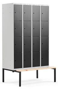 AJ Produkty Boxová šatní skříň CLASSIC, s lavicí, 4 sekce, 16 boxů, 2120x1200x550 mm, černé dveře