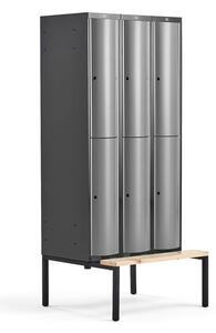 AJ Produkty Boxová šatní skříň CURVE, 3 sekce, 6 boxů, 2120x900x550 mm, lavice, šedé dveře