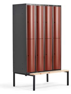 AJ Produkty Boxová šatní skříň CURVE, 4 sekce, 8 boxů, 2120x1200x550 mm, lavice, červené dveře