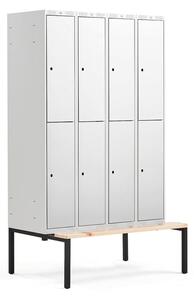 AJ Produkty Boxová šatní skříň CLASSIC, s lavicí, 4 sekce, 8 boxů, 2120x1200x550 mm, šedé dveře