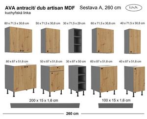 Kuchyňská linka AVA antracit/artisan MDF, Sestava A, 260 cm