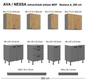 Kuchyňská linka AVA/NESSA antracit, Sestava A, 260 cm