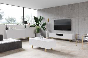 TV stolek Scalia II 190 cm s výklenkem - bílý mat / zlatý podstavec