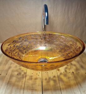 Light for home - Průhledné jantarové skleněné umyvadlo s oválným tvarem a zlatou dekorací U034, Béžová