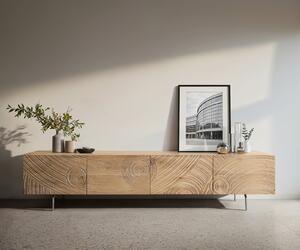 DELIFE TV stolek Ashara 220 cm dub přírodní 3D efekt 4 dvířka podnož ve tvaru L nerezová ocel broušená