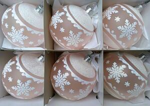 Slezská tvorba Sada skleněných vánočních ozdob koule růžová, průhledná, bílý dekor vločka